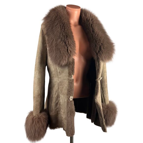 Y2K Shearling Sheepskin Penny lane Fur Leather Coat Blue Fox Trim S-M - Picture 7 of 15